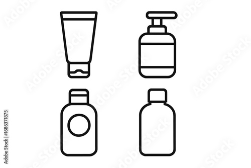 Cosmetic packaging icon set. Outline vector symbols of shampoo, cream, lotion, and soap dispenser bottles. Skincare and beauty product container illustrations for graphic design.