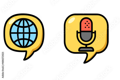 Communication icon set. Globe in speech bubble for global language, international talk. Microphone for podcast, interview, voice message, or audio broadcast. Vector cartoon.