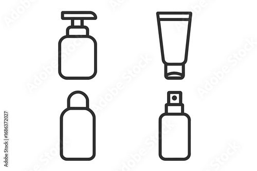Cosmetic bottle & beauty product container outline icon set. Skincare packaging vector illustration for soap, cream, lotion, shampoo, spray. Linear pictogram for web design.