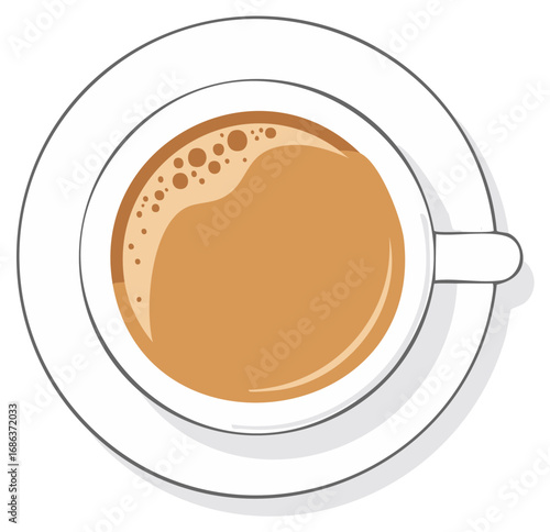 Top view of a foamy cappuccino in a white cup with a saucer, a minimalist illustration.