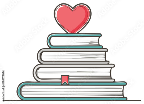 Books stacked high topped with heart symbol representing love of reading knowledge education