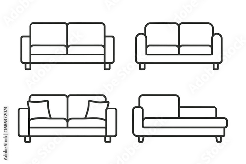 Set of minimalist linear sofa designs for modern interior decor concepts, vector cartoon illustrations with transparent background, ordered collection of stylish contemporary couches