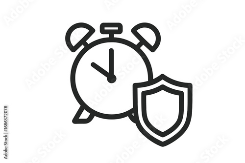 Time management and protection concept. Alarm clock with shield icon. Deadline safety, schedule security, and long-term guarantee metaphor. Minimalistic vector outline for web.