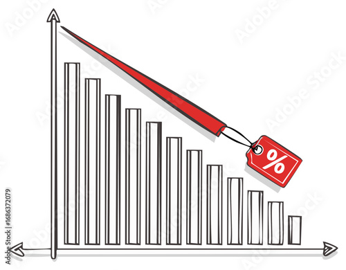 Downward trend chart with falling interest rates or discounts depicted by price tag