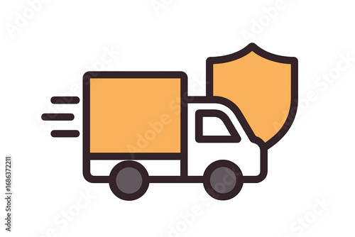 Fast delivery truck with shield icon. Secure shipping and transport insurance concept. Cargo protection and freight safety symbol. Logistics vector illustration for web and apps.