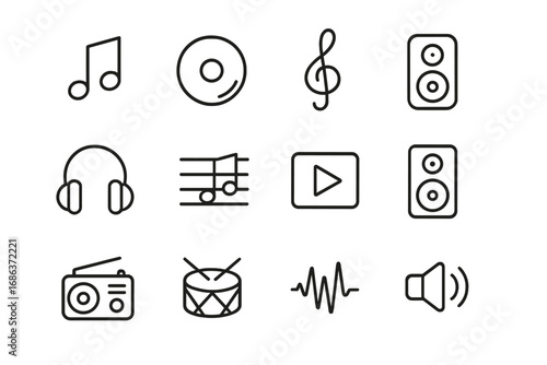 Music and audio line icon set. Vector collection of editable stroke pictograms for media player, app UI UX, web design. Sound, entertainment, and technology symbols.