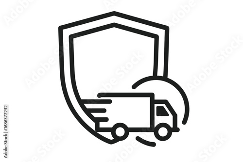 Secure delivery and safe shipping concept. Transport insurance, logistics protection, and fast express freight guarantee. Cargo truck with shield line icon. Vector outline symbol.