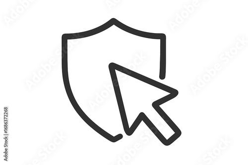 Safe click cursor with shield line icon. Web security and internet protection concept. Vector symbol for cybersecurity, online privacy, antivirus software, and data safety.