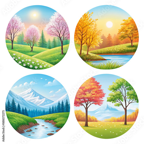 Four Seasons Collage Featuring Spring Summer Autumn and Winter Landscapes Representing Natures Cycle and Seasonal Beauty with Mountains Forests Rivers and Blooming Trees