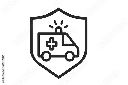 Ambulance shield icon. Health insurance concept. Medical protection symbol. Emergency vehicle security sign. Healthcare safety pictogram. Line art vector for graphic design.