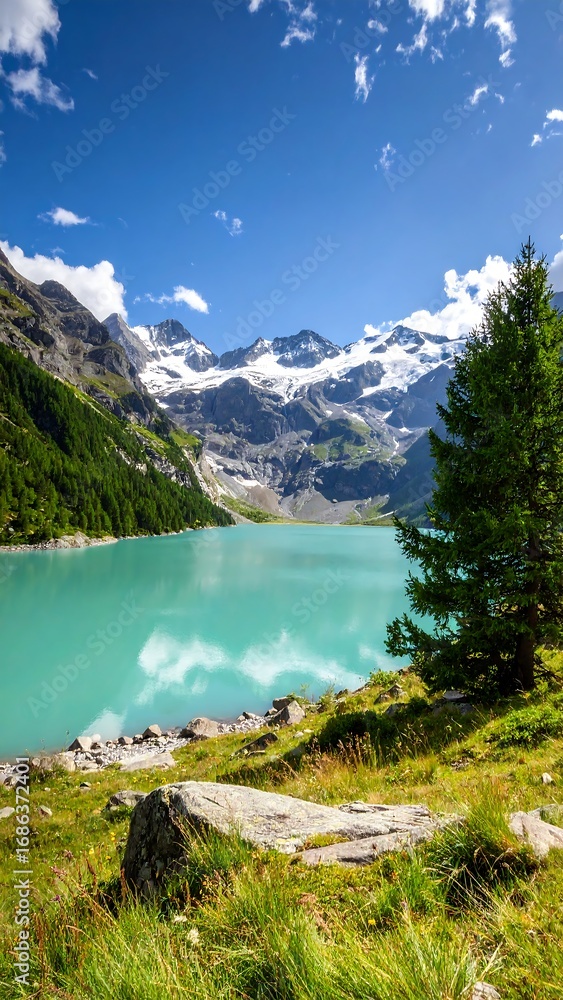 Fototapeta premium Mountain lake vista, sunny day