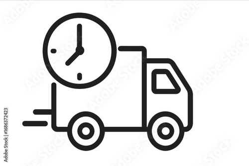 Delivery time icon with a fast truck and clock. Express shipping service concept. Logistics and transportation symbol. On-time delivery sign. Outline vector illustration.