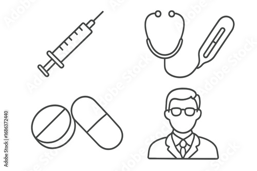 Medical and healthcare line icon set. Vector symbols for medicine, clinic, pharmacy and hospital. Syringe, stethoscope, thermometer, pills, and doctor for infographic design.