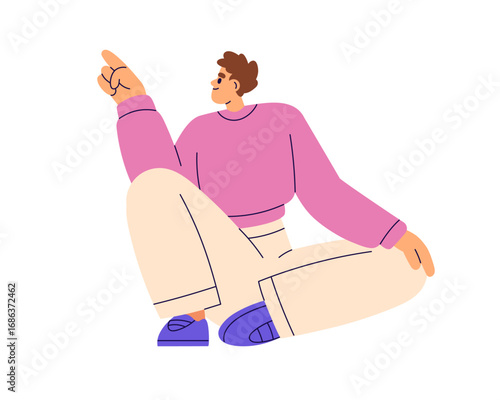 Happy man sitting on floor and pointing with finger, looking aside. Young smiling male seated ,looking aside, gesturing, showing and choosing. Flat vector illustration isolated on white background