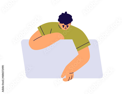 Man holding blank sign board. Young male character leaning, peeking from behind clean empty horizontal banner, signboard in hands, looking down. Flat vector illustration isolated on white background