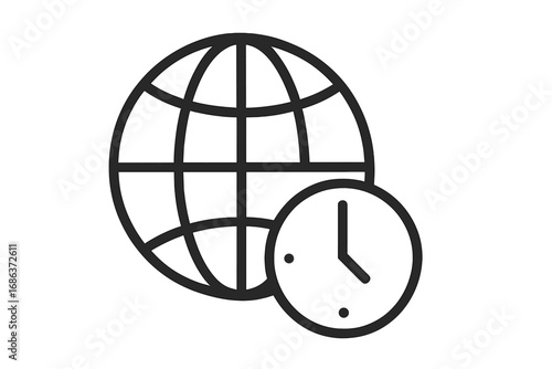 World time zone icon. Global time management concept. International business schedule symbol. Earth planet with clock. 24 hour service delivery. Worldwide deadline vector outline.