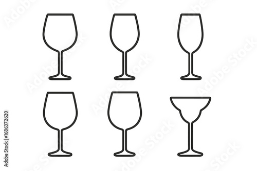 Set of six minimalist wine glass line art designs with transparent background, vector cartoon illustration, stylish modern drinking glass icons, ordered collection for design projects