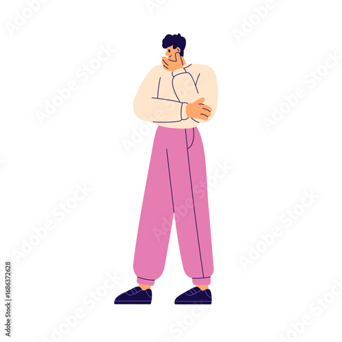 Happy man thinking with hand on chin. Young male character with joyful expression, smiling at idea, looking down with thoughtful curious emotion. Flat vector illustration isolated on white background