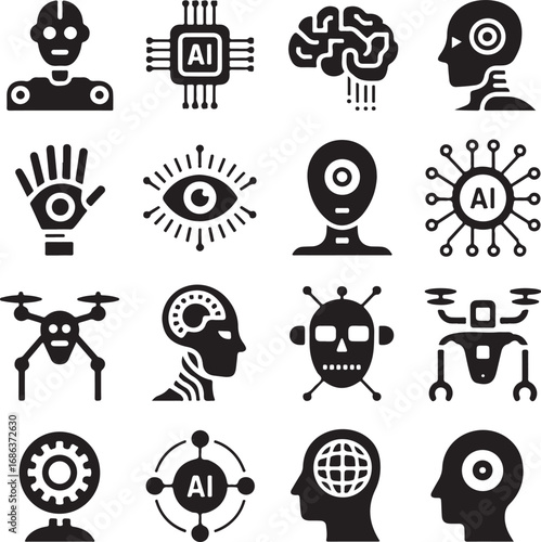 Artificial intelligence and technology icons with robots and brains chip human head