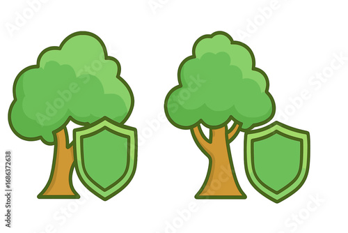 Tree with shield icon vector illustration. Metaphor for environment protection, nature conservation, ecology safety, and green sustainability. Forest guard, eco security logo.