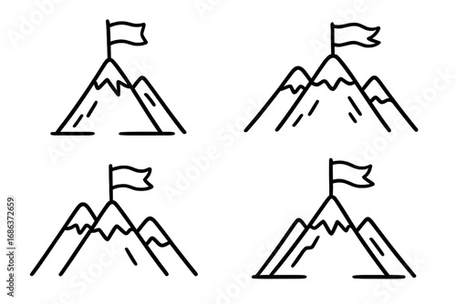 Simple black and white line vector illustrations of mountains with flags in various orientations and wave patterns, minimalist cartoon mountain peaks with flags, transparent background design