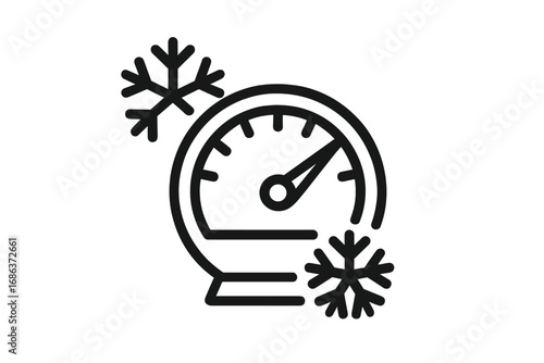 Thermometer gauge icon with snowflakes. Cold temperature, winter weather symbol. Freeze, frost and climate concept. Vector outline illustration for graphic design, web, apps.