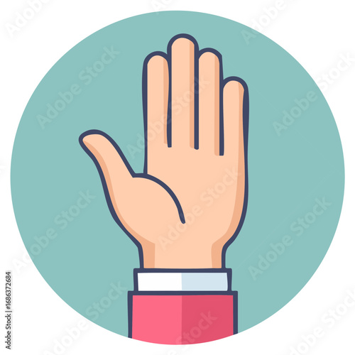 Raised hand signal for attention or question with flat design in a circle