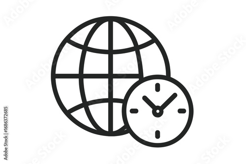 World time zone icon. Global business clock pictogram. International time management symbol. Planet earth with watch for web, app design. Vector outline illustration graphic.