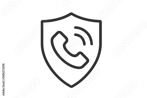 Secure call vector icon. Phone communication protection symbol. Call center support safety sign. Spam call blocking security concept. Shield with telephone hotline logo design.