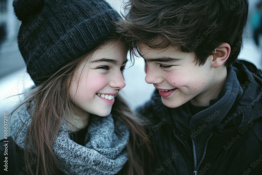 Fototapeta premium Young couple boy girl standing close together smiling teen