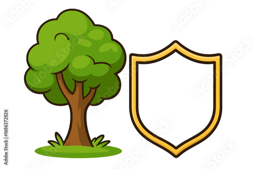Tree and shield icon for environmental protection concept. Vector logo for nature conservation, eco friendly security, safety, and sustainable growth. Cartoon illustration.