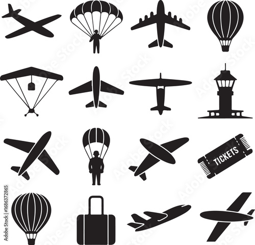 Airplane and travel icons including hot air balloon parachute and ticket Keywords: airplane