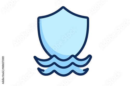 Waterproof shield icon, water resistant sign. Concept of protection from liquid, moisture, and rain. Simple flat vector illustration for packaging, web, UI, UX design, apps.