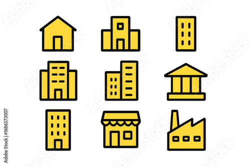 Building icon set in yellow. Urban and real estate linear pictograms. Includes house, office, factory, store, and bank icons for web, apps, and graphic design. Vector.