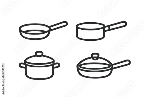 Simple line icons of cooking pans and frying pans set for kitchen designs, vector cartoon illustration with transparent background, kitchenware tools, cookware collection