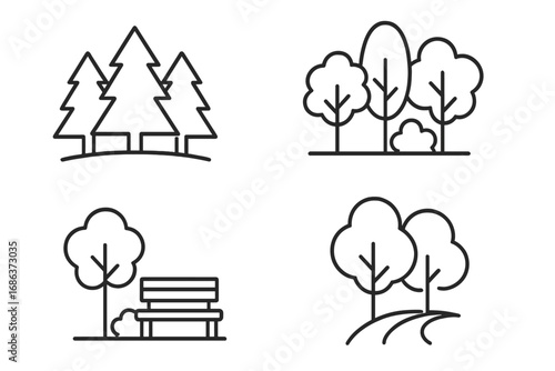 Forest trees and park line icon set. Simple nature and outdoor symbols collection. Minimalist linear vector icons for eco and environment concepts. Pine, wood, park bench.