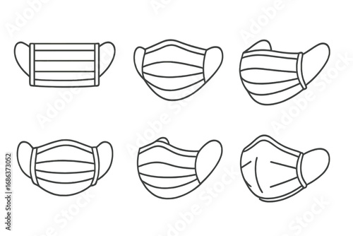 Medical face mask outline icon set. Surgical mask for virus and flu protection. Health care and safety thin line vector illustration. Pandemic prevention symbol collection.