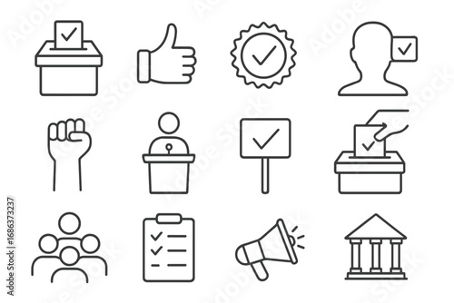 Election and voting line icon set. Politics, democracy, and campaign symbols. Vector collection of ballot, poll, debate, and protest icons for web and mobile app design.