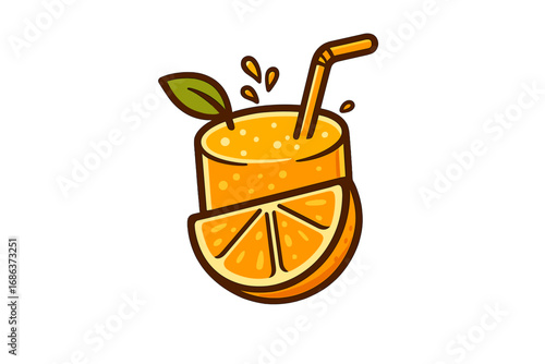 Orange juice logo concept vector. Sliced citrus fruit glass icon. Fresh summer drink cartoon illustration. Healthy natural beverage for juice bar menu. Freshly squeezed concept.