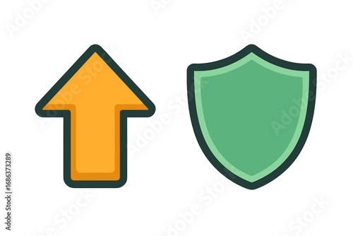 Arrow up and shield icon set. Security, protection, and upload concept. Vector illustration for web design, interface, app, and infographics. Safety and growth symbol.