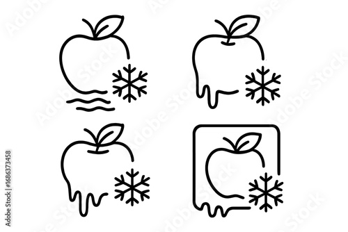 Frozen apple icon set. Simple line art vector collection of cold and melting fruit with snowflakes. Concept for food storage, freezing, defrosting. Editable stroke icons.