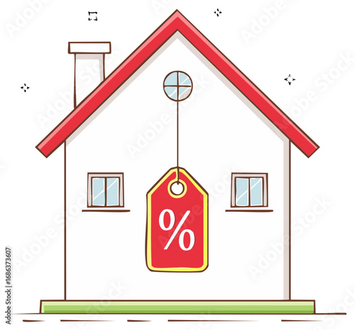 House with a red price tag showing percentage sign, graphic illustration
