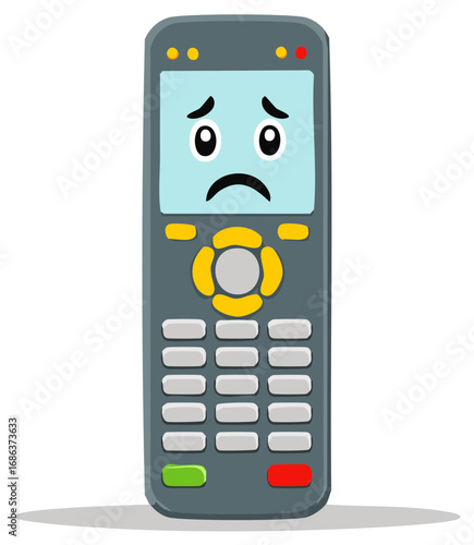 Cartoon remote control with sad emoji face expressing disappointment, close-up