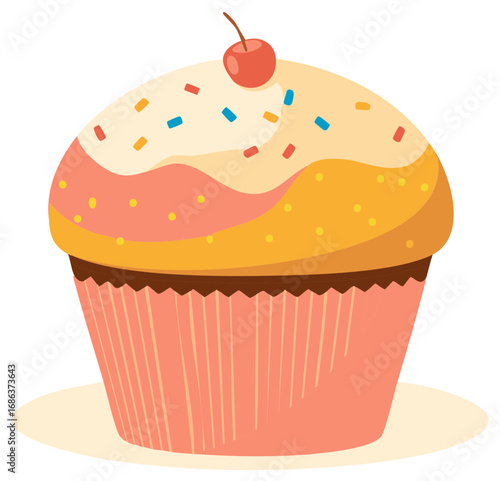 Cute Dessert Cupcake with Pink Liner, Multilayered Frosting, Colorful Sprinkles, and Cherry Topping
