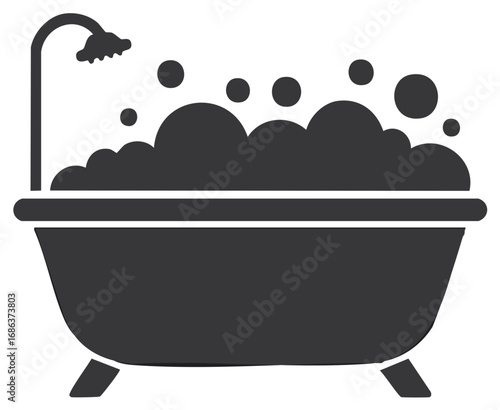 Bathtub filled with abundant soap bubbles featuring a shower head in a bathroom spa illustration
