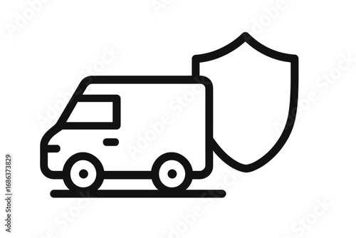 Car insurance icon. Delivery van with shield. Secure transport, cargo protection, safe shipping concept. Logistics guarantee symbol. Freight truck security pictogram.