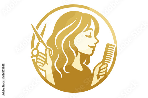 Elegant hairstylist logo. Golden woman silhouette with scissors and comb for beauty salon. Hairdresser icon. Barber shop sign. Vector illustration for hair care and styling.