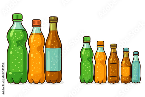 Various bottles of sparkling beverages grouped by different designs and sizes, colorful soda and drink bottles illustration, cartoon style transparent background, vector graphic