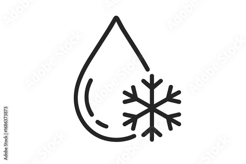 Frozen water drop outline icon. Snowflake symbol for cold, freezing, and winter concepts. Vector line art illustration for weather, temperature, climate, defrost, or melt.