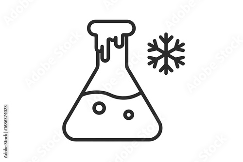 Laboratory flask cold chemical reaction icon. Science experiment, frozen liquid, snowflake symbol. Chemistry lab research, temperature testing, winter science concept. Vector illustration isolated.